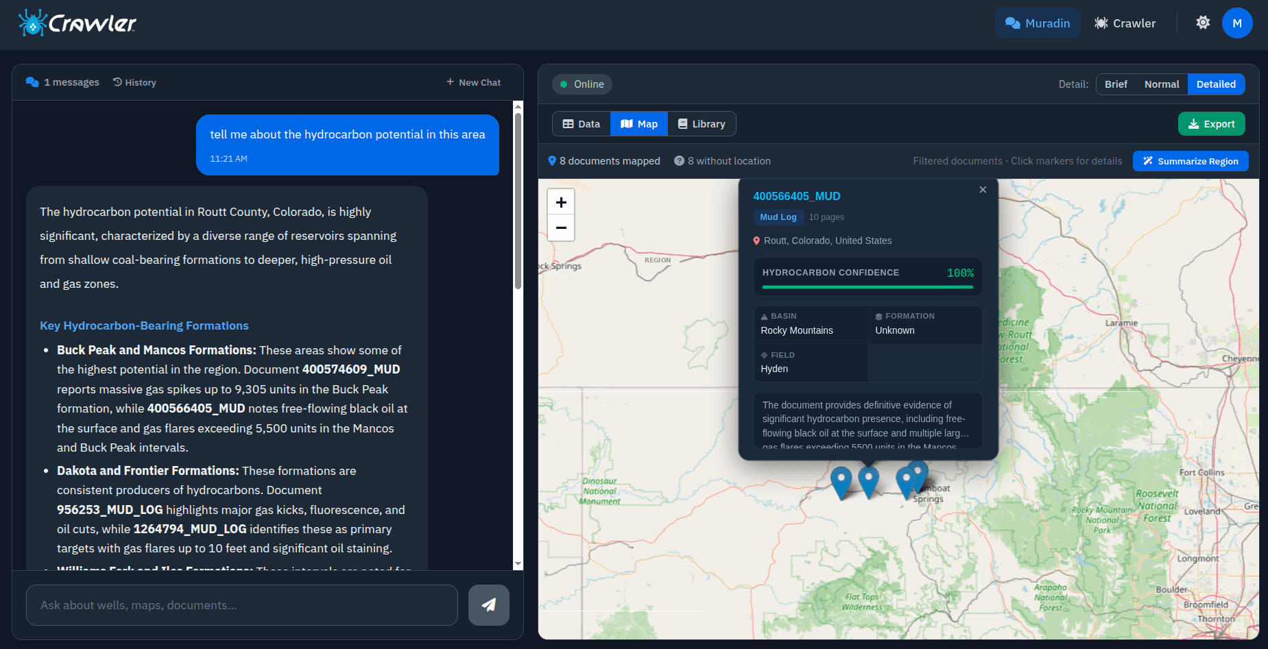 Crawler Platform - Muradin AI with geospatial map showing wells and HC confidence scoring