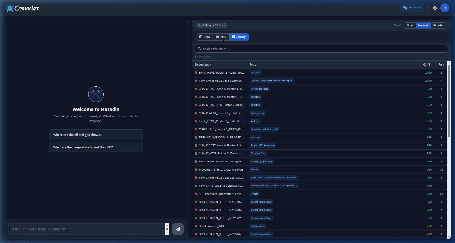 Crawler Library tab showing full document collection