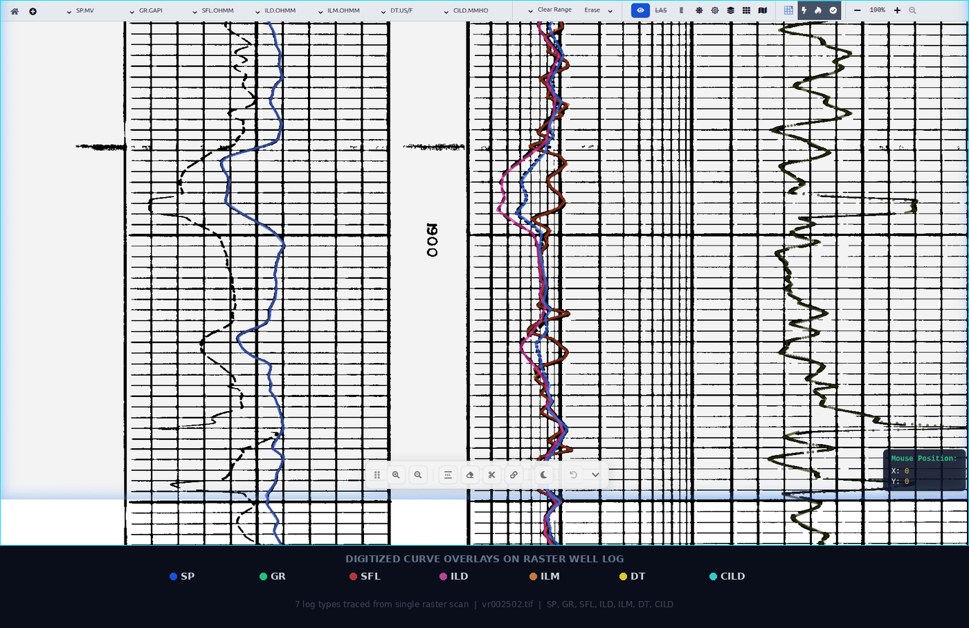 Nspect AI digitized curve overlays on raster well log - SP, GR, SFL, ILD, ILM, DT, and CILD curves traced from a single raster scan