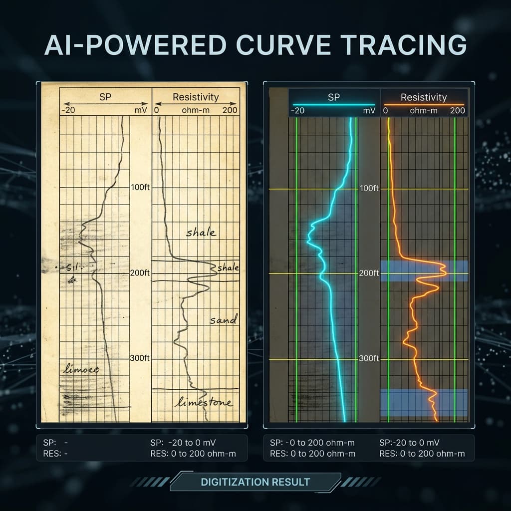 AI-powered curve tracing comparing original raster well log with digitized SP and Resistivity curves