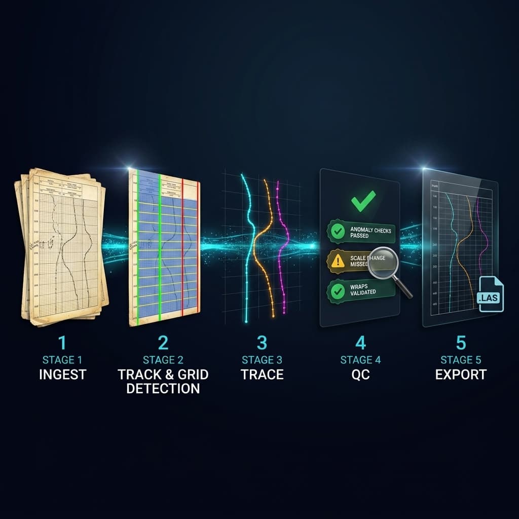 Nspect 5-stage pipeline: Ingest, Track and Grid Detection, Trace Extraction, QC Validation, LAS Export