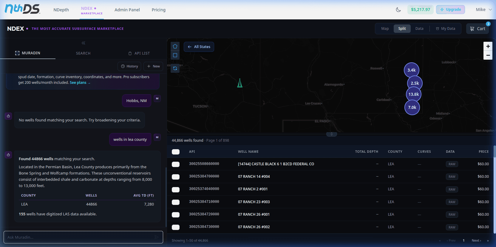NDEX marketplace showing Muradin AI search for wells in Lea County, NM — 44,866 wells found with map clusters and data table