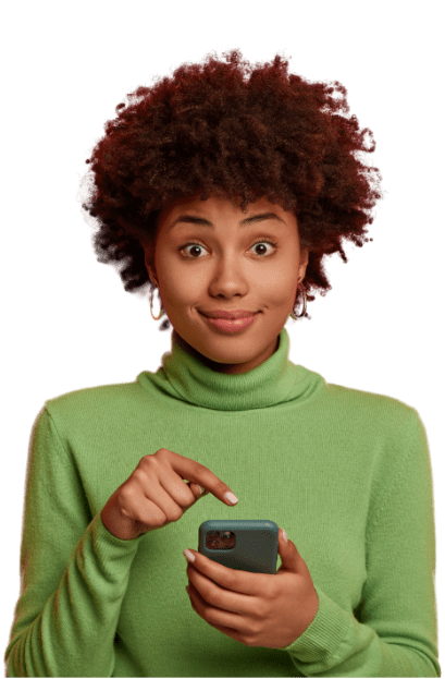 A woman pointing to the cellphone